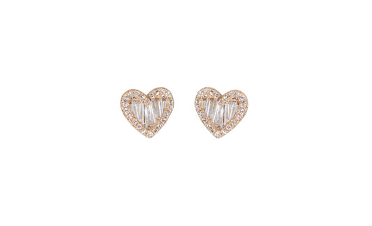14KT Rose Gold Diamond Pave and Diamond Baguette Heart Studs