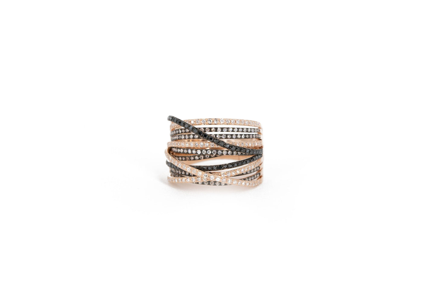 14KT Rose Gold Multiple Row with Black Diamond, Diamond Pave, and Black Rhodium Ring