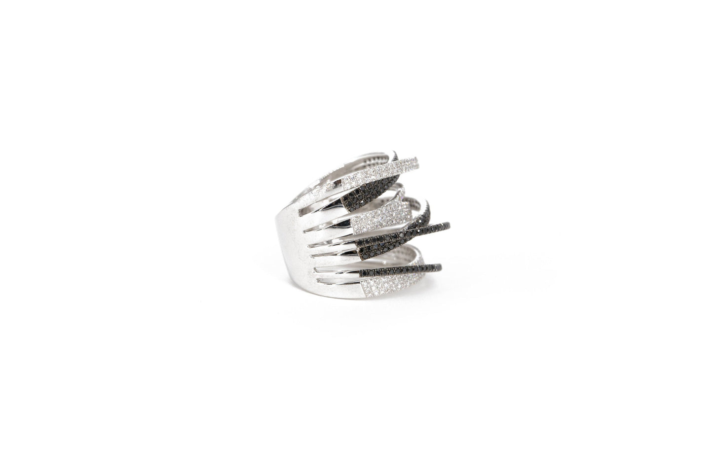 14KT White Gold Diamond Pave and Black Diamond Multiple Row Ring