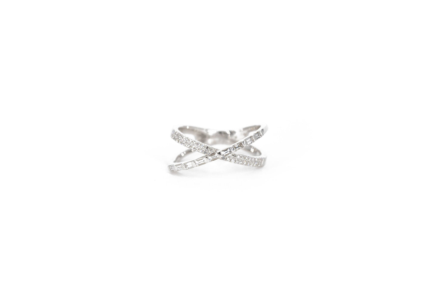 14KT White Gold Diamond Pave and Baguette X Ring