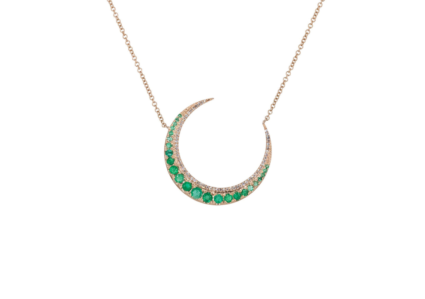 14KT Rose Gold Diamond Pave and Emerald Crescent Necklace