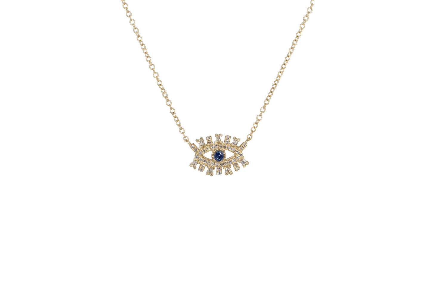 14KT Yellow Gold Diamond Pave Baguettes and Sapphire Evil Eye Necklace with Eyelashes