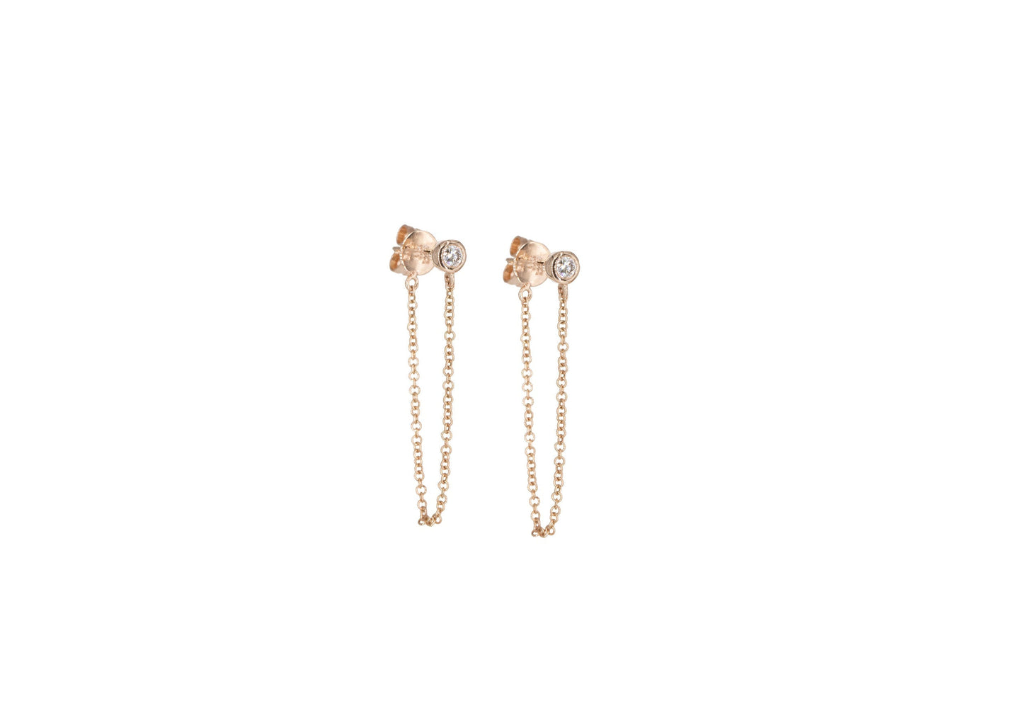 14KT Rose Gold Bezel Set Diamond and Chain Studs