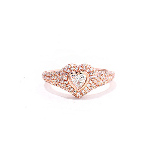 14k Rose Gold Diamond Pave and Diamond Heart Pinky Ring