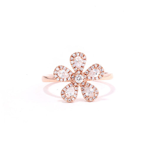 14K Rose Gold Diamond Pave and Diamond Flower Ring