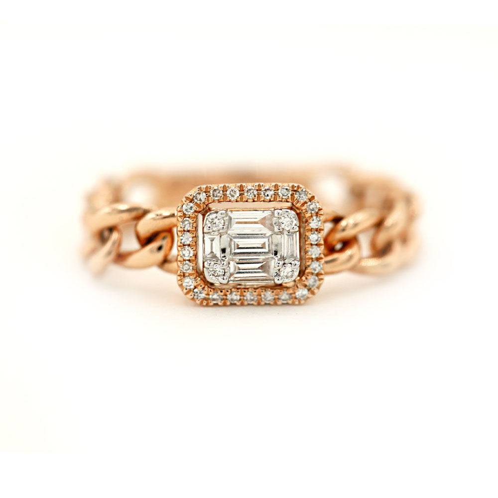 14k Rose Gold Diamond Pave and Diamond Baguette Chain Link Ring