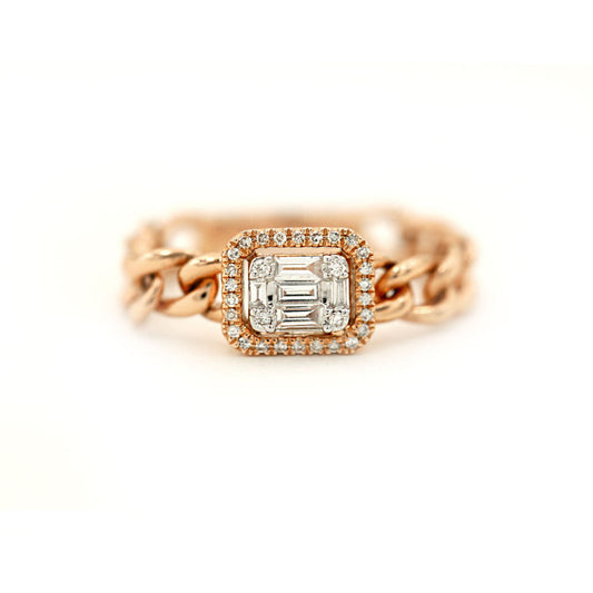 14k Rose Gold Diamond Pave and Diamond Baguette Chain Link Ring