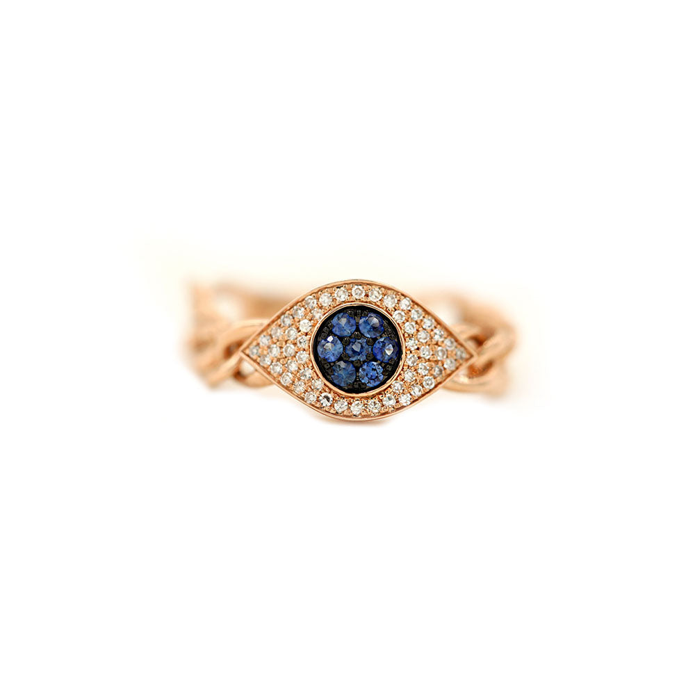 14k Rose Gold Diamond and Sapphire Evil Eye Chain Link Ring