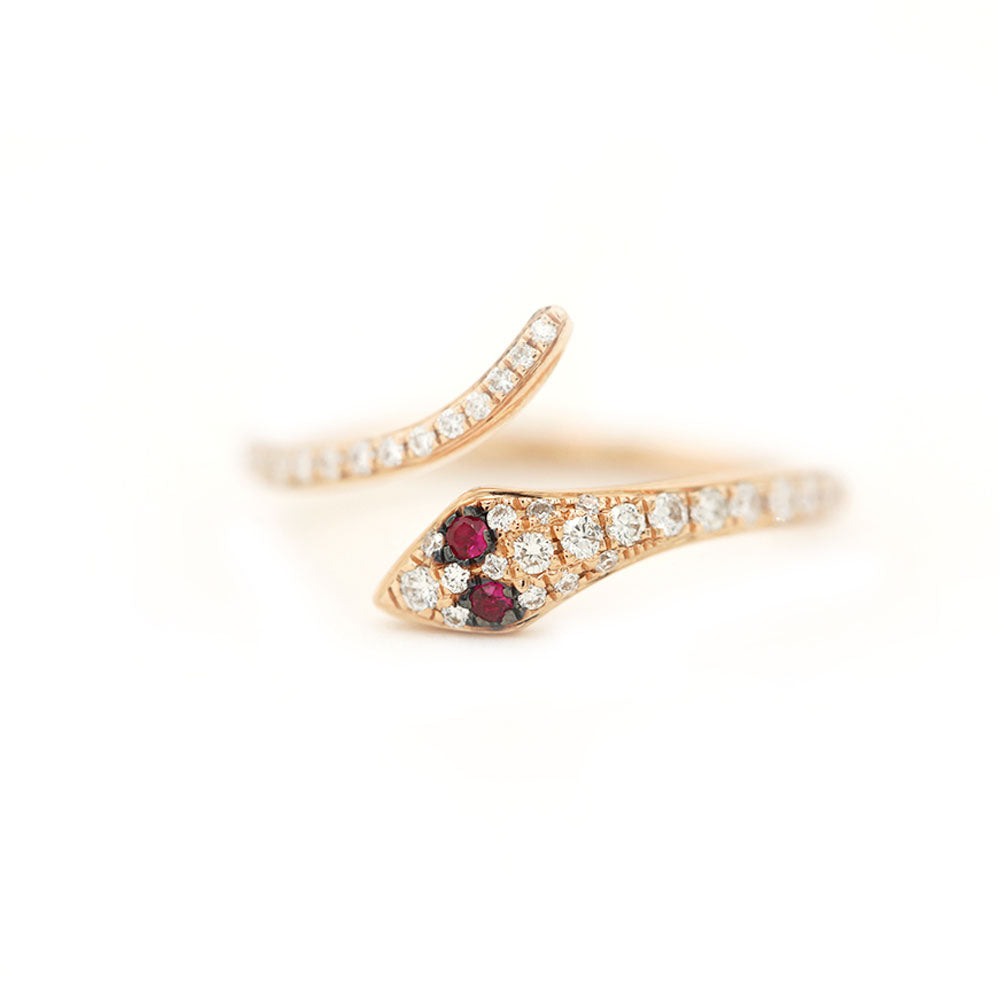 14k Rose Gold Diamond and Ruby Eye Snake Ring