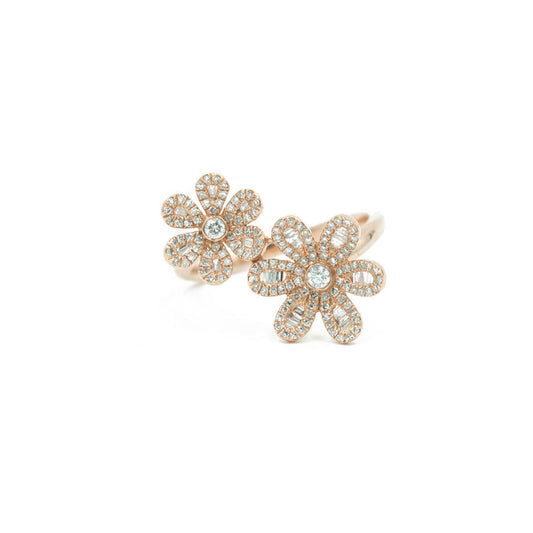 14KT Rose Gold Diamond Pave and Diamond Baguette Double Flower Ring