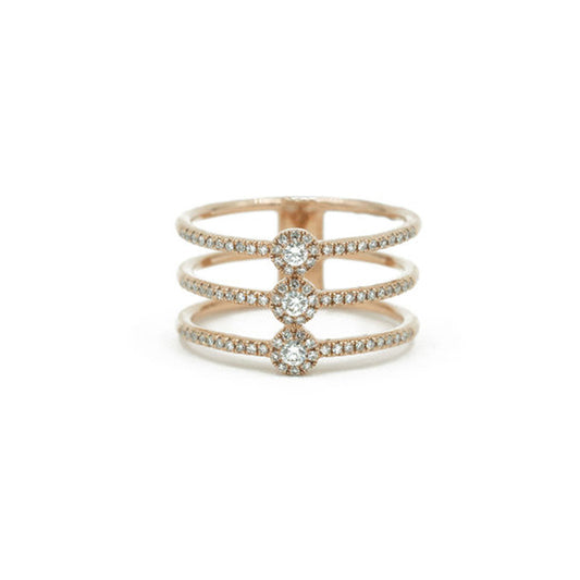 14KT Rose Gold Rose Cut Diamond and Diamond Pave Triple Row Ring