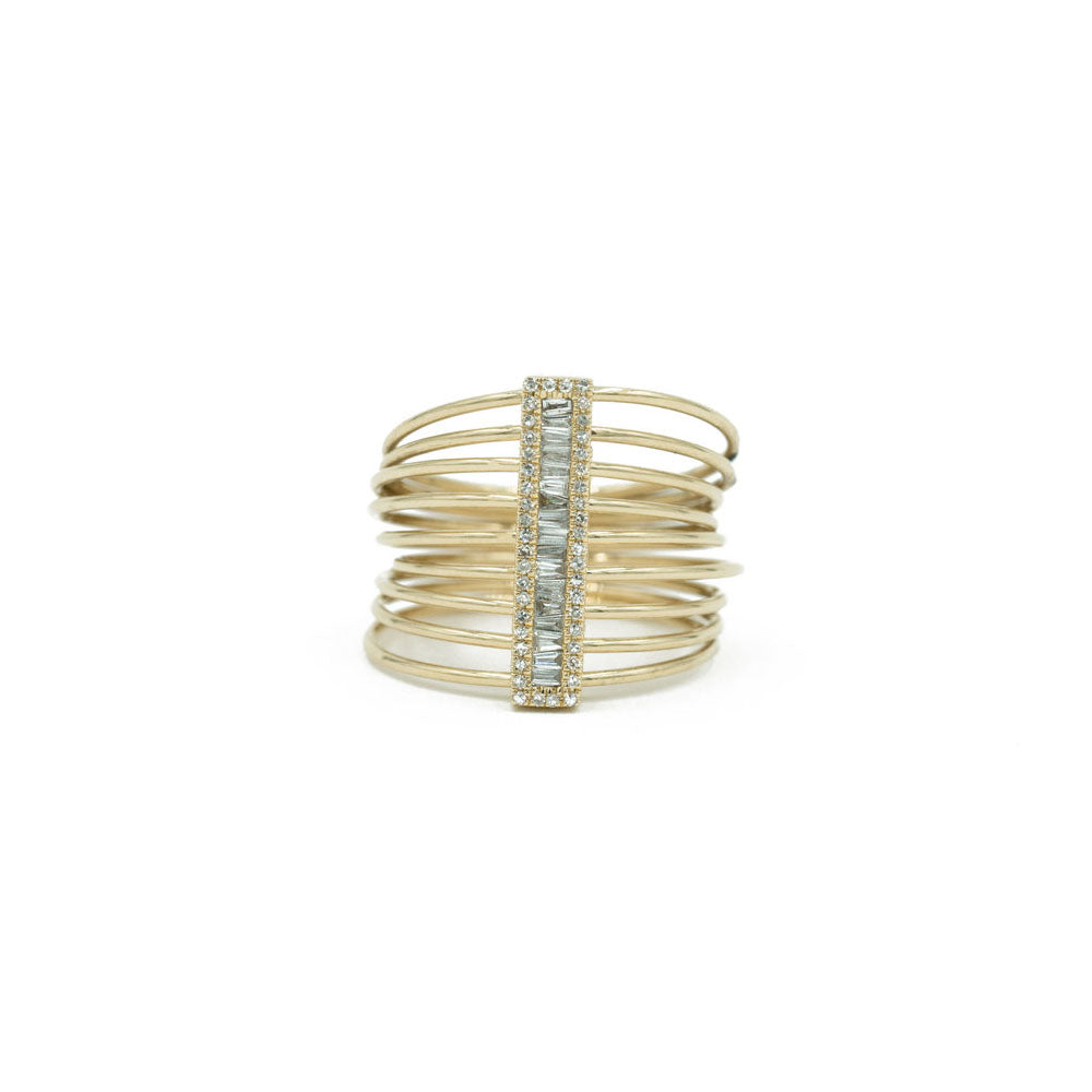 14KT Yellow Gold Multiple Row Band Diamond Baguette Bar Ring
