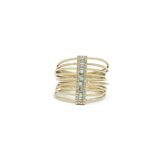 14KT Yellow Gold Multiple Row Band Diamond Baguette Bar Ring