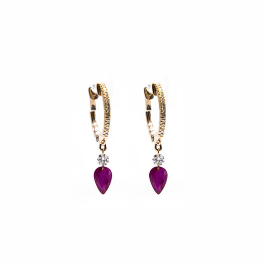 14K Rose Gold Diamond Pave Huggy with Ruby Briolette and Diamond Drops