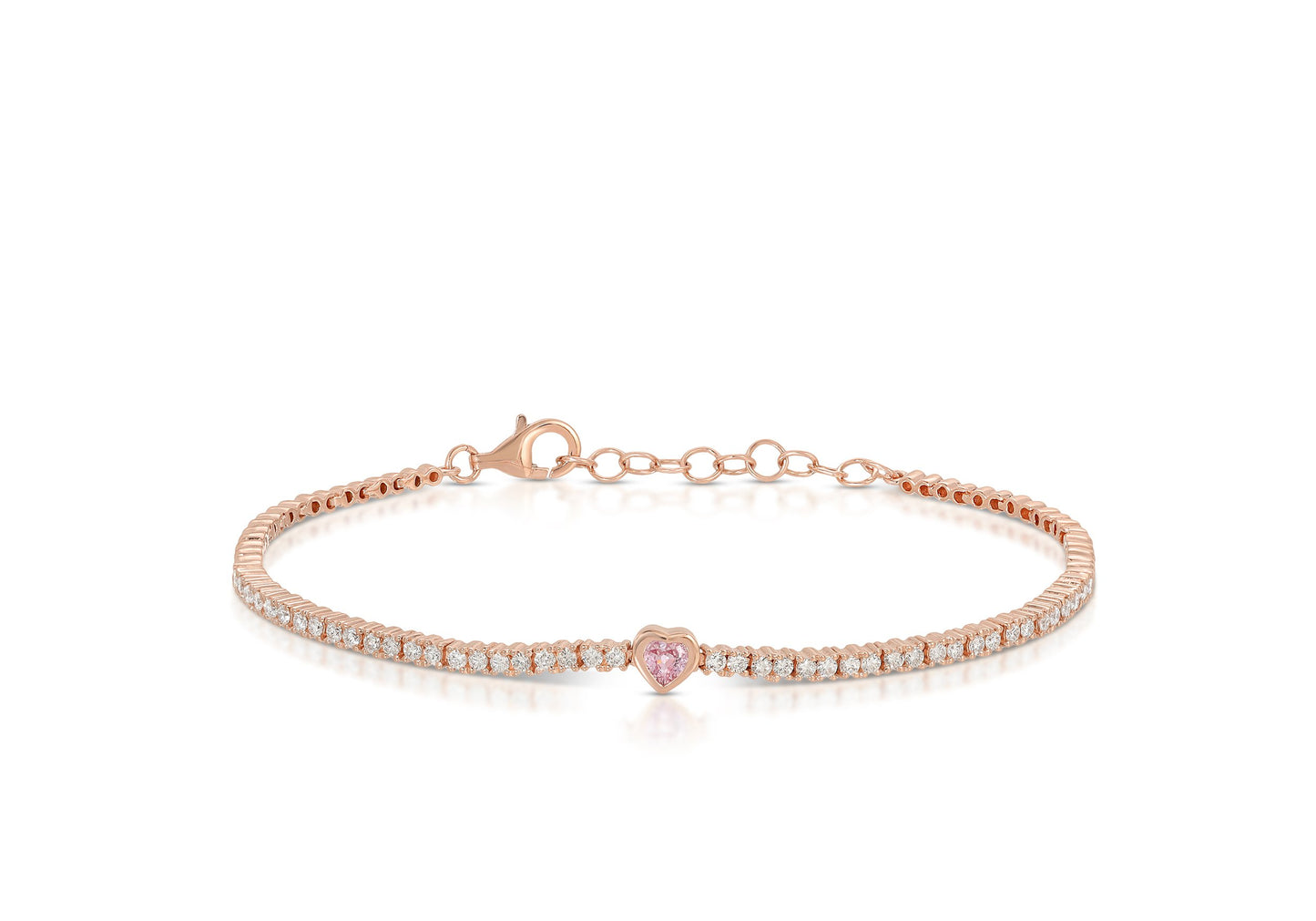 14K Rose Gold Diamond Bracelet with Pink Sapphire Heart