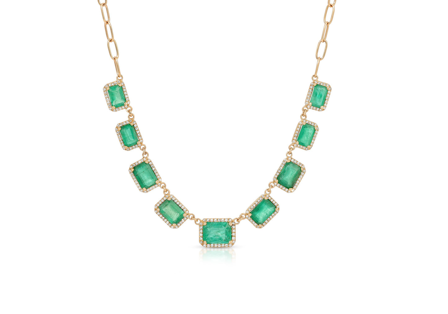 14K Yellow Gold Multiple Emerald and Diamond Chain Link Necklace