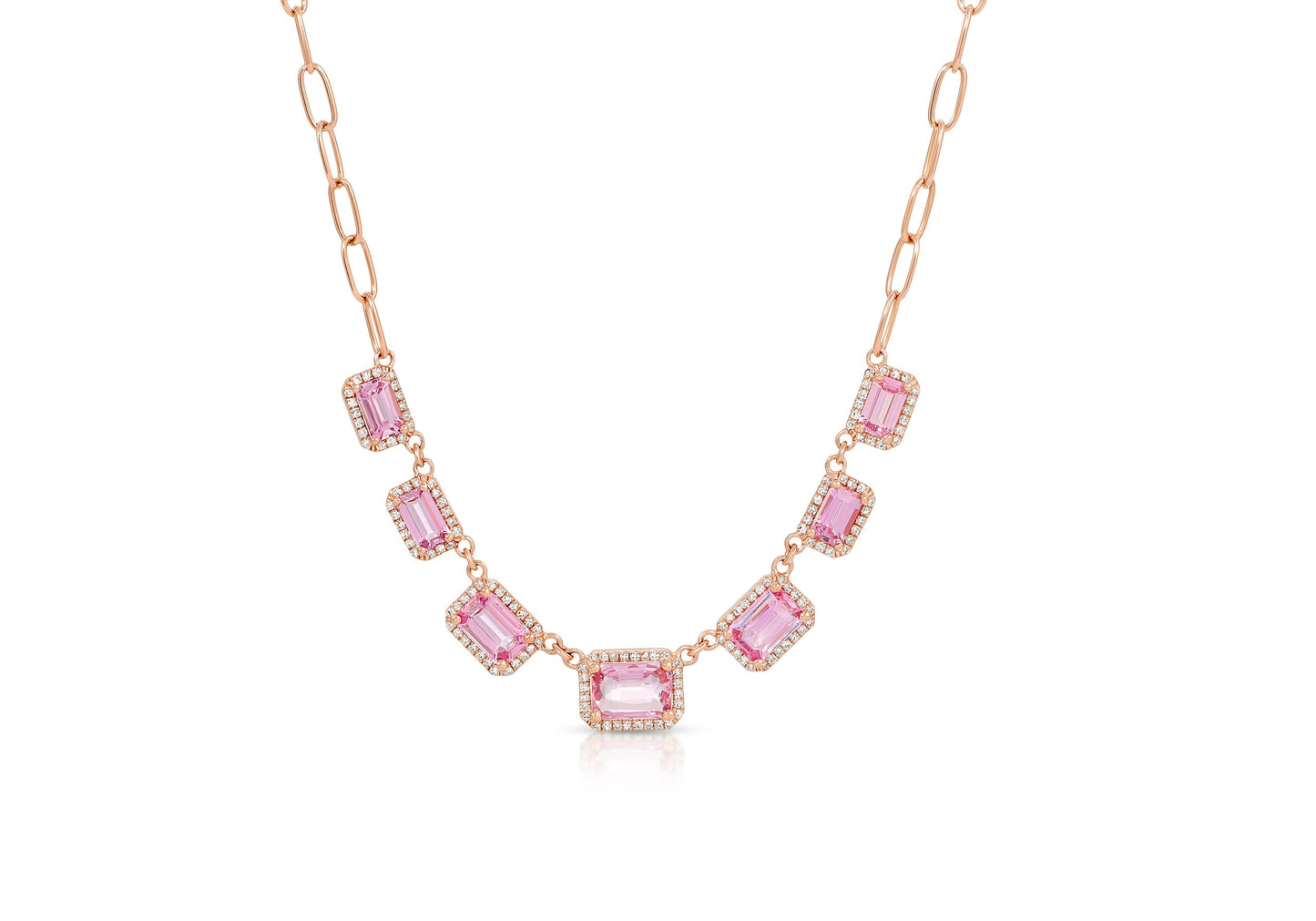 14K Rose Gold Multiple Pink Sapphire and Diamond Chain Link Necklace