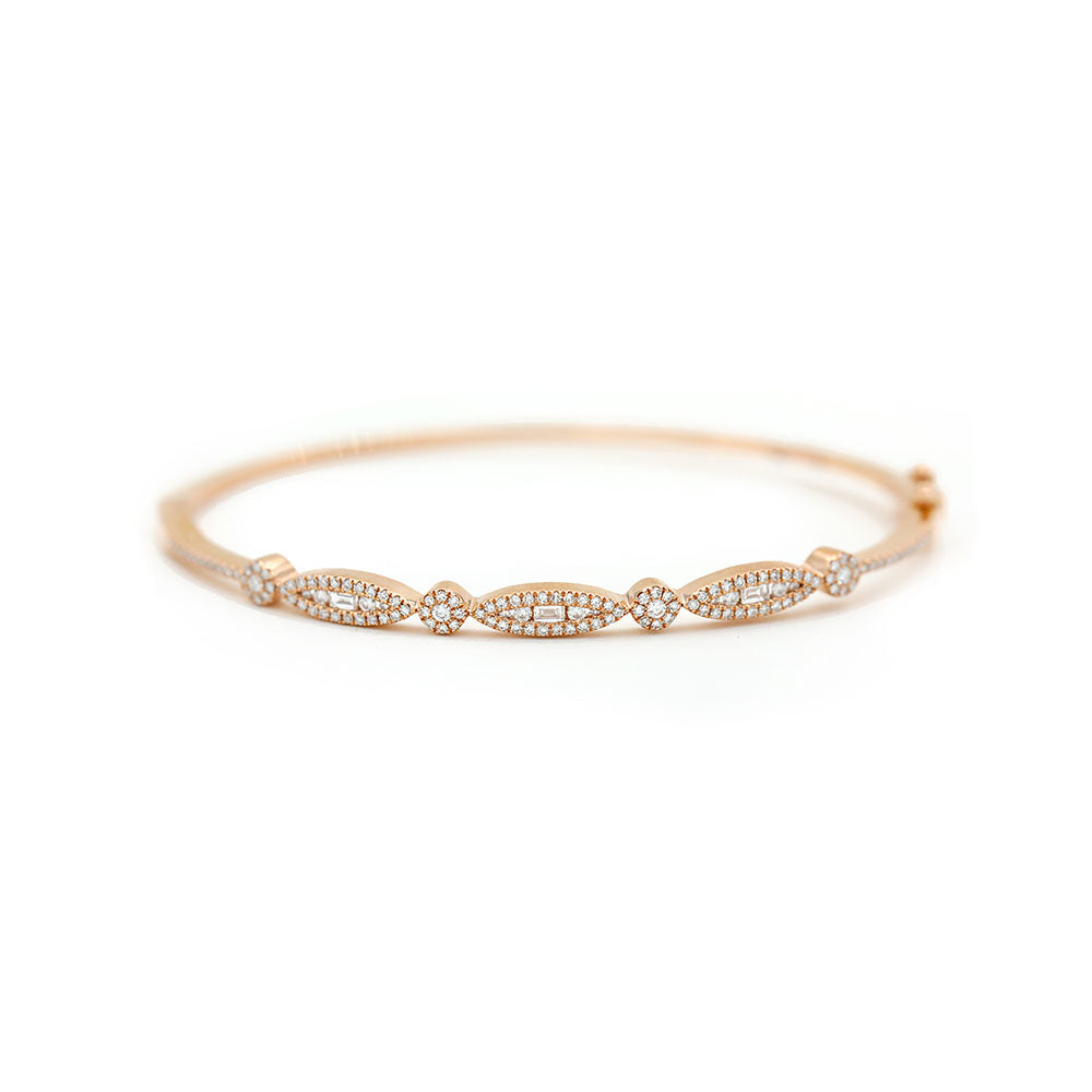 14k Rose Gold Diamond Pave and Diamond Baguette Bangle