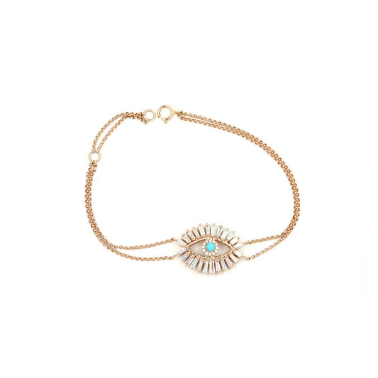 18k Rose Gold Diamond Baguette and Turquiose Evil Eye Bracelet