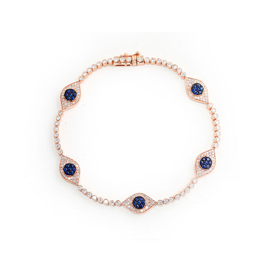 14k Rose Gold Diamond and Sapphire Multiple Evil Eye Bracelet