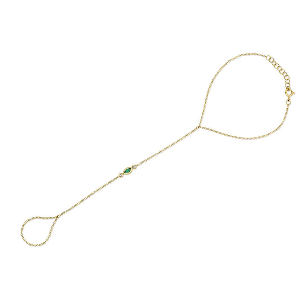 14K Yellow Gold Emerald and Diamond Ring Hand Bracelet