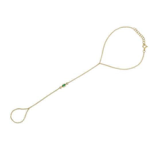 14K Yellow Gold Emerald and Diamond Ring Hand Bracelet