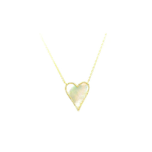 14k Yellow Gold Mother of Pearl and Diamond Pave Heart Necklace