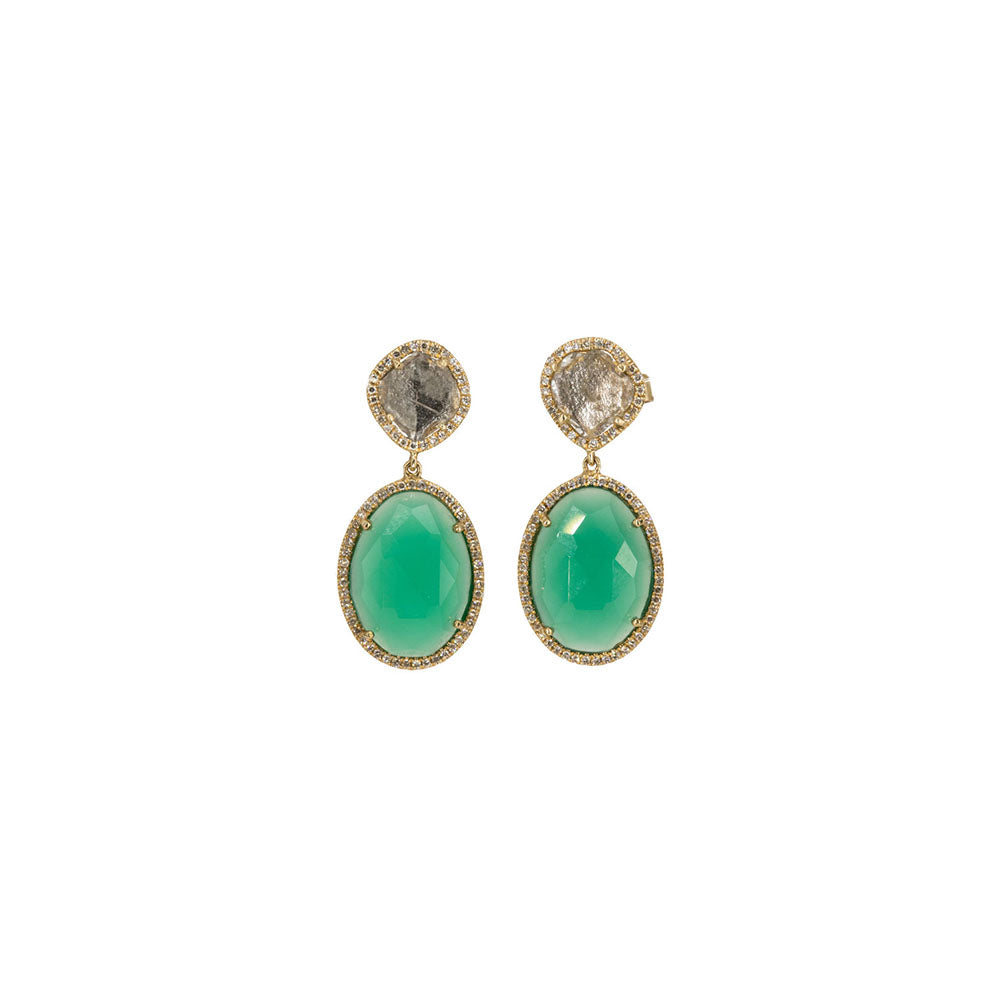 14KT Yellow Gold Diamond Pave, Diamond Slice and Green Onyx Earrings