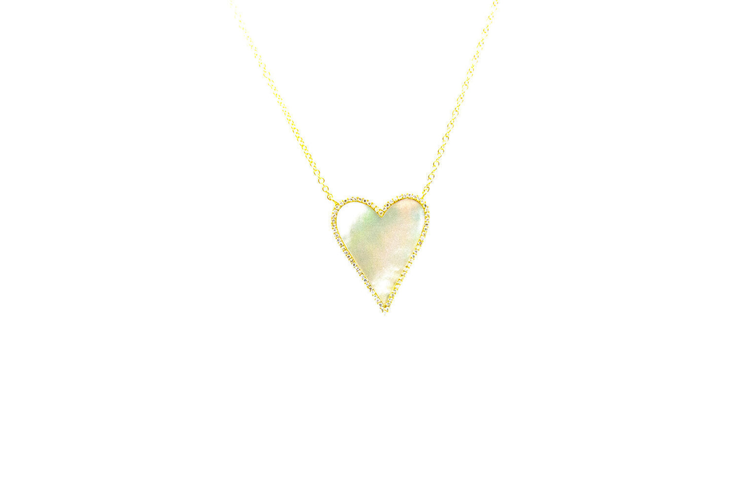 14k Yellow Gold Mother of Pearl and Diamond Pave Heart Necklace