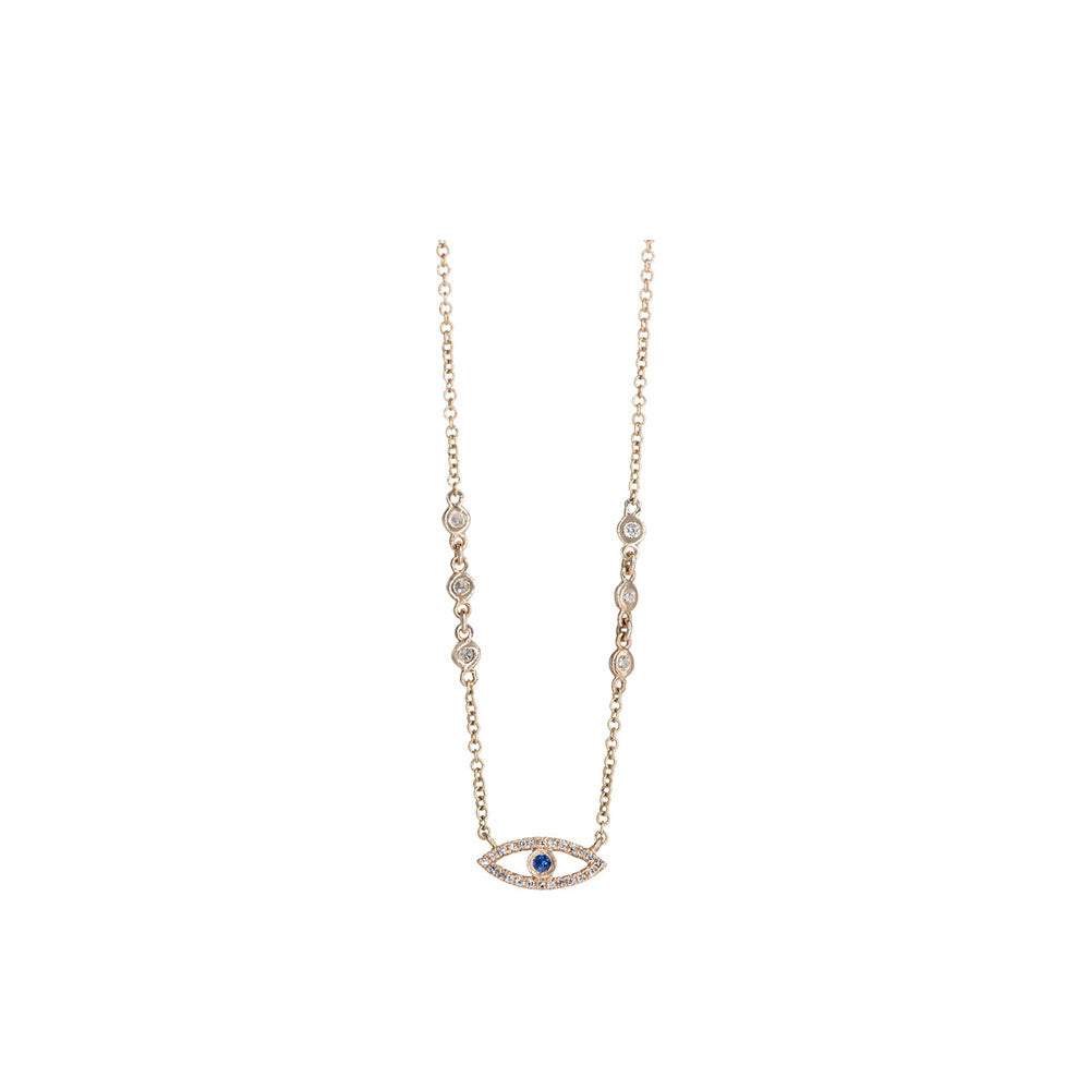 14KT Rose Gold Diamond Bezel Set Chain and Diamond and Sapphire Evil Eye Necklace