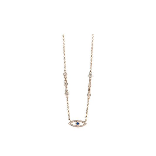 14KT Rose Gold Diamond Bezel Set Chain and Diamond and Sapphire Evil Eye Necklace