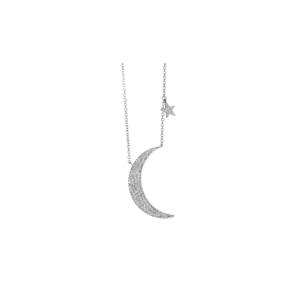 14KT White Gold Diamond Pave Moon and Star Necklace