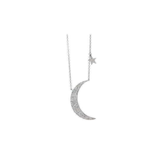 14KT White Gold Diamond Pave Moon and Star Necklace
