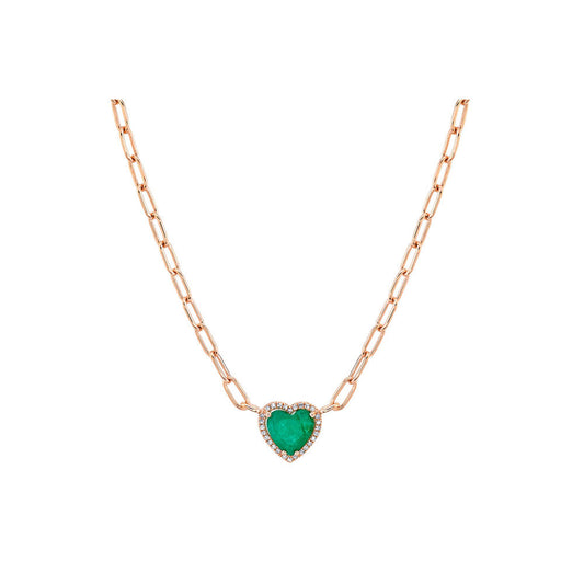 14K Rose Gold Emerald and Diamond Heart Chain Link Necklace