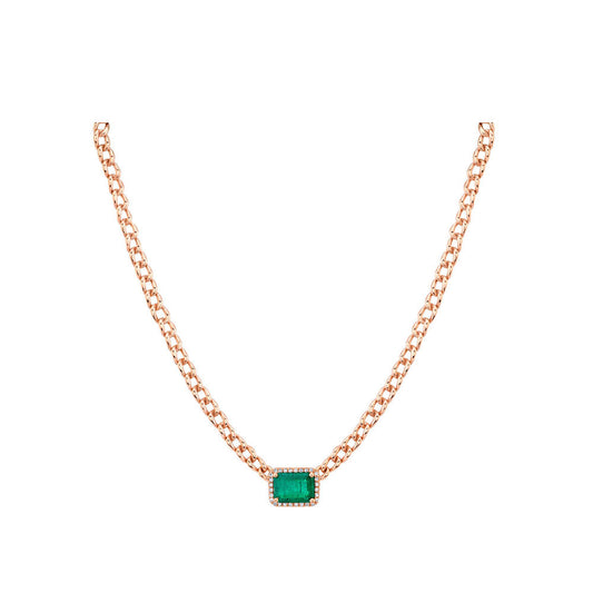 14K Rose Gold Emerald and Diamond Chain Link Necklace