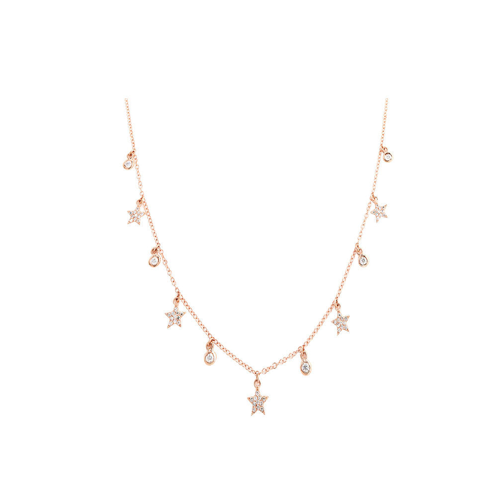 14K Rose Gold Diamond and Diamond Pave Star Dainty Charm Necklace