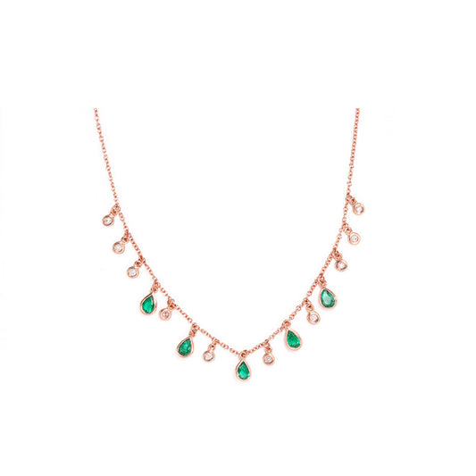 14K Rose Gold Diamond and Emerald Multiple Drop Necklace