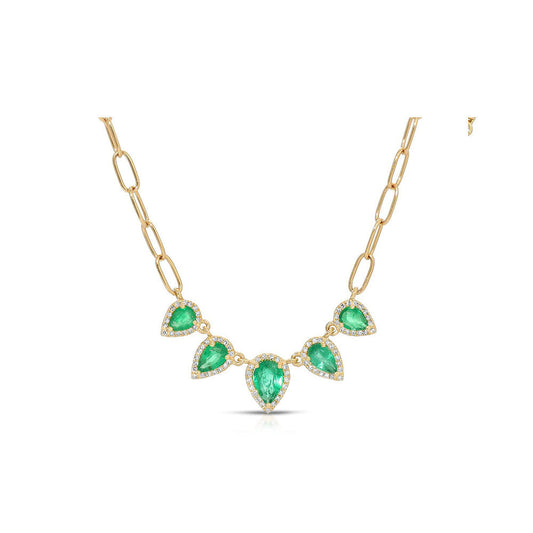 14k Yellow Gold Multiple Pear Shape Emerald and Diamond Chain Link Necklace
