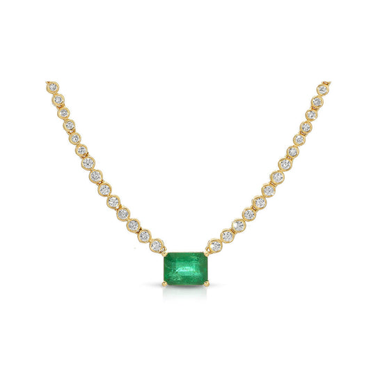 14K Yellow Gold Diamond Tennis Necklace with Emerald Cut Emerald
