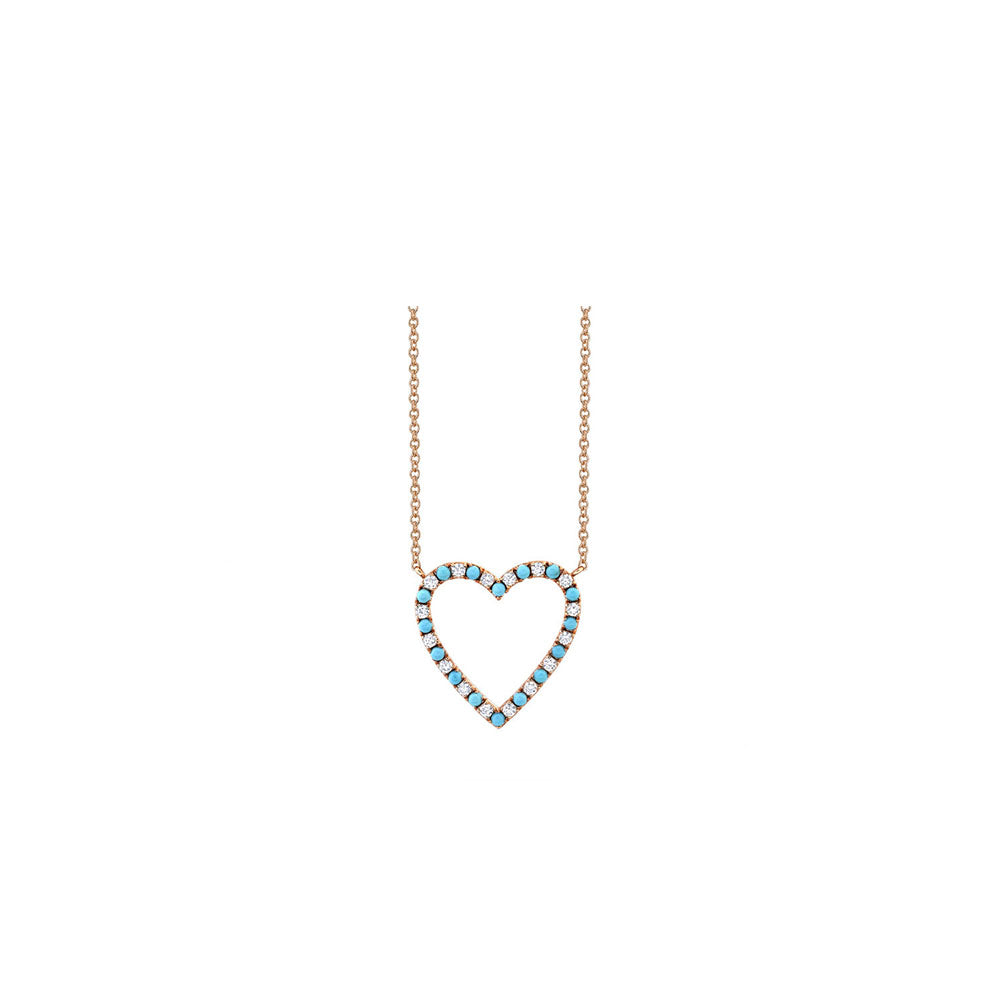 14k Rose Gold Turquoise and Diamond Open Heart Necklace