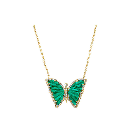 14K Yellow Gold, Diamond Pave & Malachite Butterfly Necklace