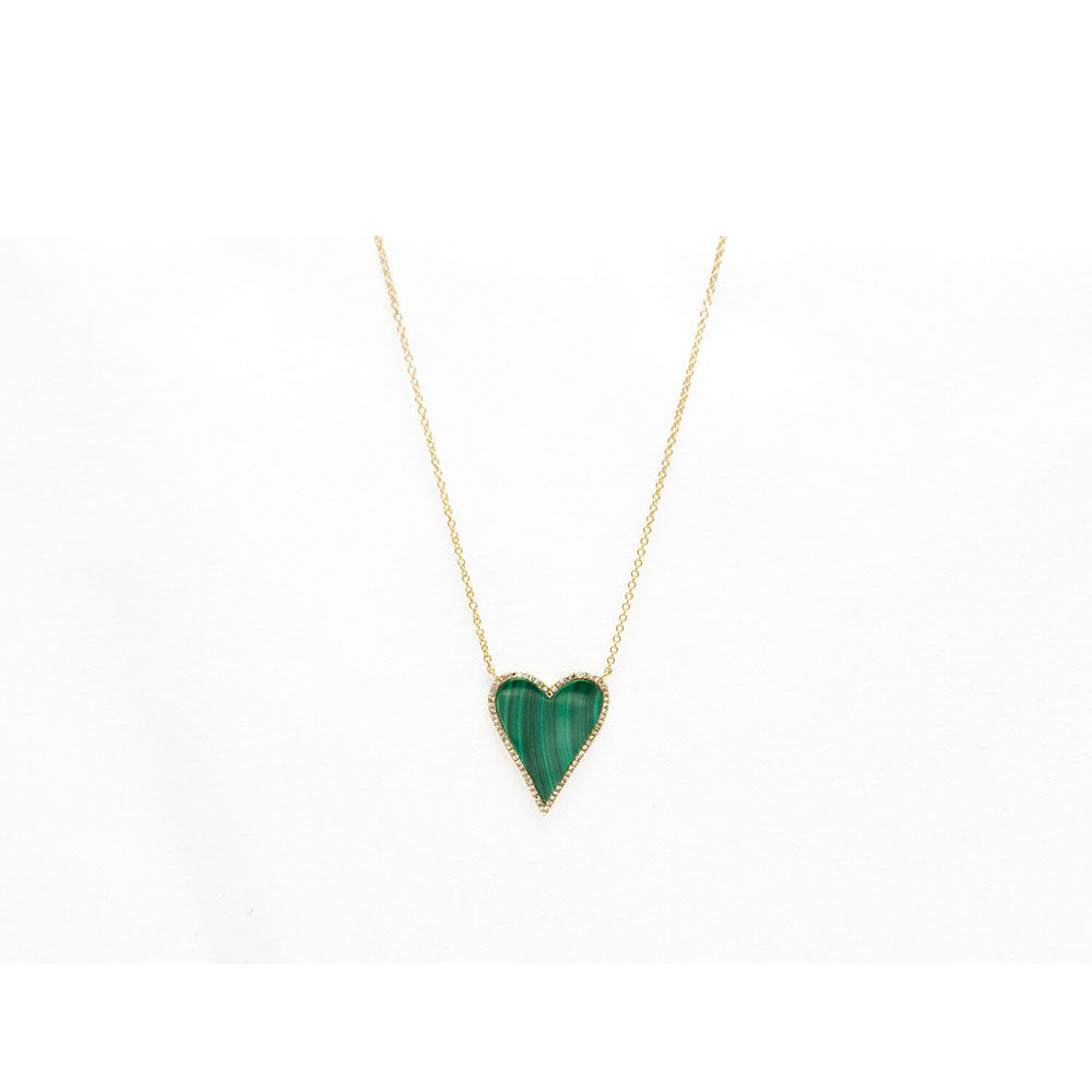 14k Yellow Gold and Diamond Malachite Heart Necklace