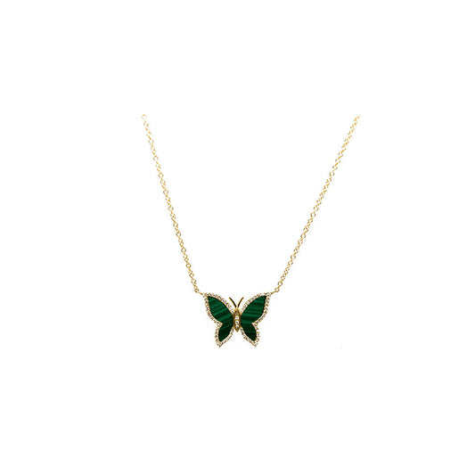 14k Yellow Gold Malachite and Diamond Butterfly Necklace