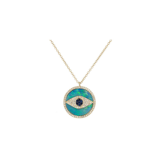 14KT Yellow Gold Diamond, Sapphire, and Opal Evil Eye Necklace