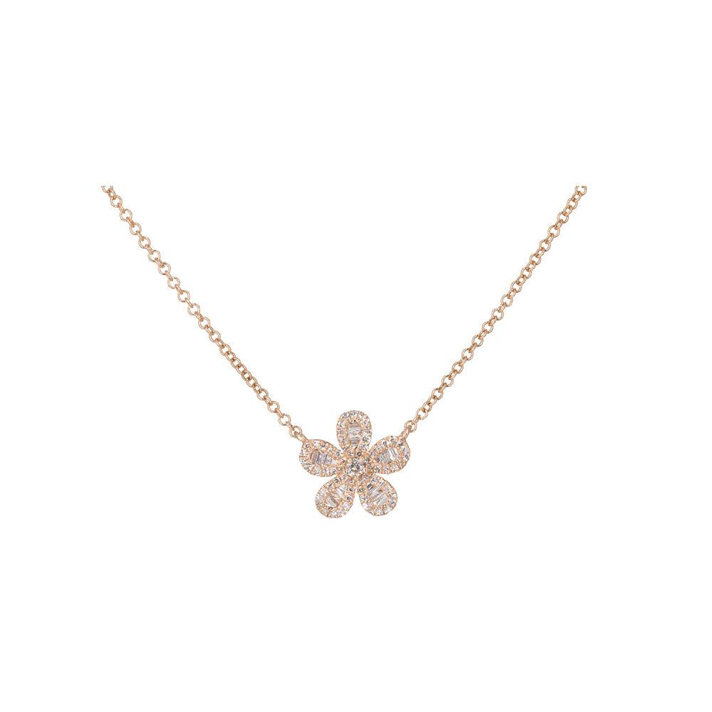14KT Rose Gold Diamond and Baguette Flower Necklace