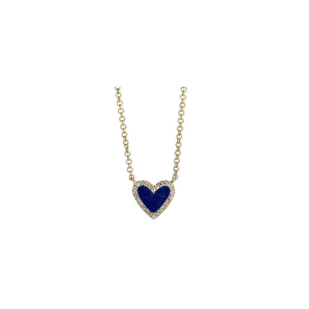 14KT Yellow Gold Diamond Pave and Lapis Mini Heart Necklace