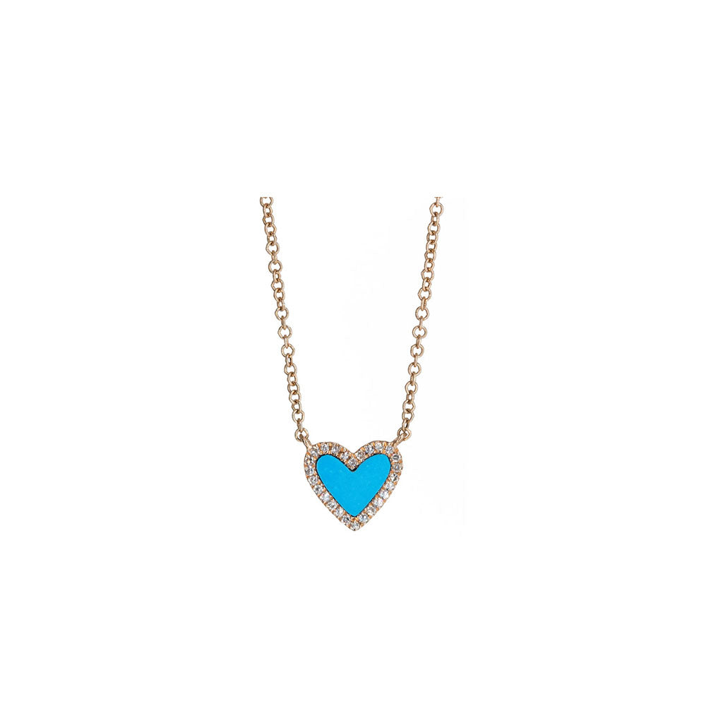 14KT Rose Gold Diamond Pave and Turquoise Mini Heart Necklace