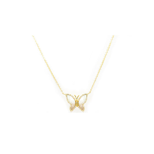 14k Yellow Gold, Mother of Pearl and Diamond Butterfly Necklace