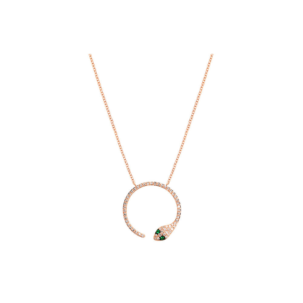 14K Rose Gold Diamond Pave and Emerald Circular Snake Necklace