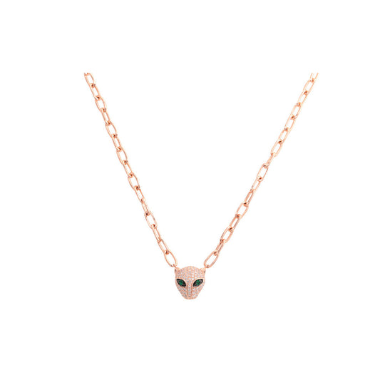 14K Rose Gold Chain Link Diamond Pave and Emerald Panther Necklace